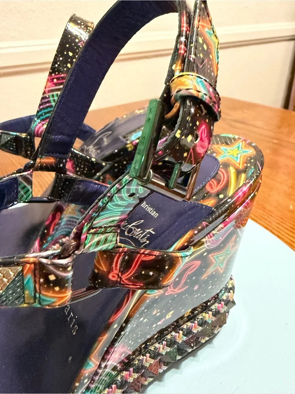 Christian Louboutin Black Multicolor Embellished Platform Wedge Sandals
